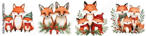 Charming collection of adorable fox illustrations, perfect for holiday themes and nature-inspired designs. photo