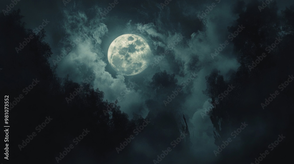 Full Moon Shining Through Silhouetted Trees and Fog Full Moon Shining Through Silhouetted Trees and Fog