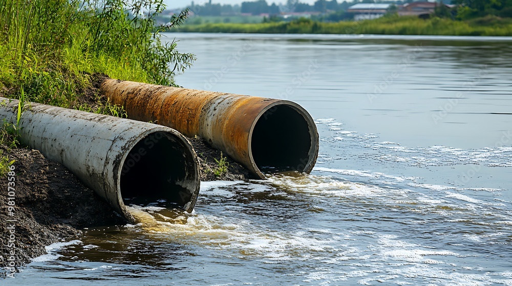 Two large rusty pipes discharging water into a river, surrounded by greenery.