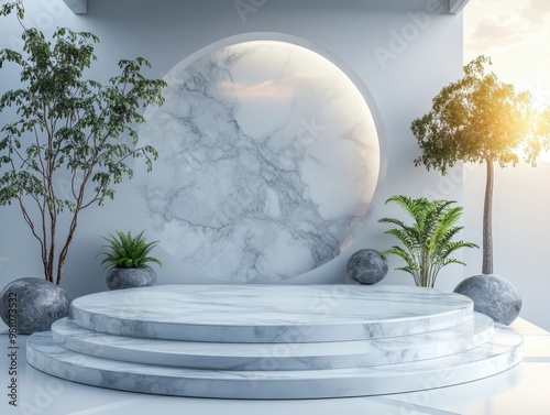 White marble stone circular podium on white luxury background in a futuristic style. 