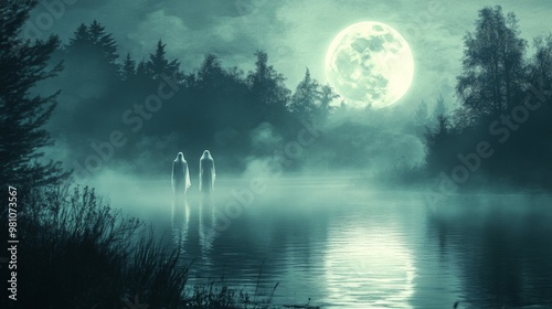 Two Ghostly Figures Standing in a Foggy Lake Under a Full Moon