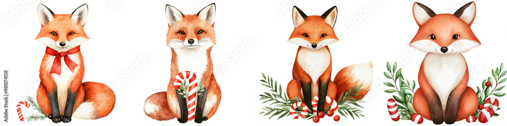 Fototapeta premium Charming illustrations of festive foxes adorned with decorations, perfect for holiday-themed designs and seasonal projects.