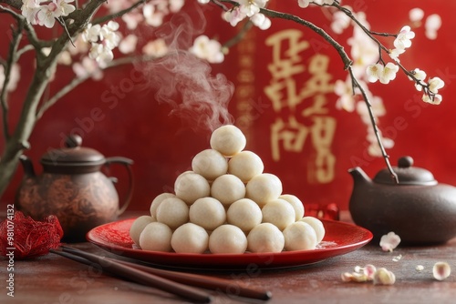 tang yuan sweet dumplings balls arranged in a pyramid shape on a red plate surrounded by plum blossoms and a steaming teapot with a chinese new year couplet on the wall photo