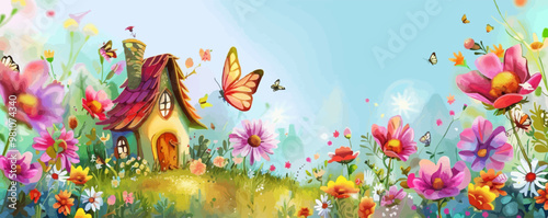 Enchanting fairy garden with colorful flowers, butterflies, and a tiny fairy house, flat, vector illustration in watercolor style.