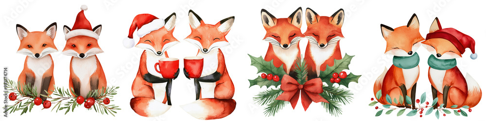 Fototapeta premium Festive fox illustration set for holidays, featuring cute foxes in Christmas attire with wreaths and gifts.