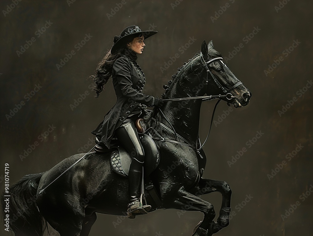 Elegant Woman Riding a Black Horse Elegant Woman Riding a Black Horse