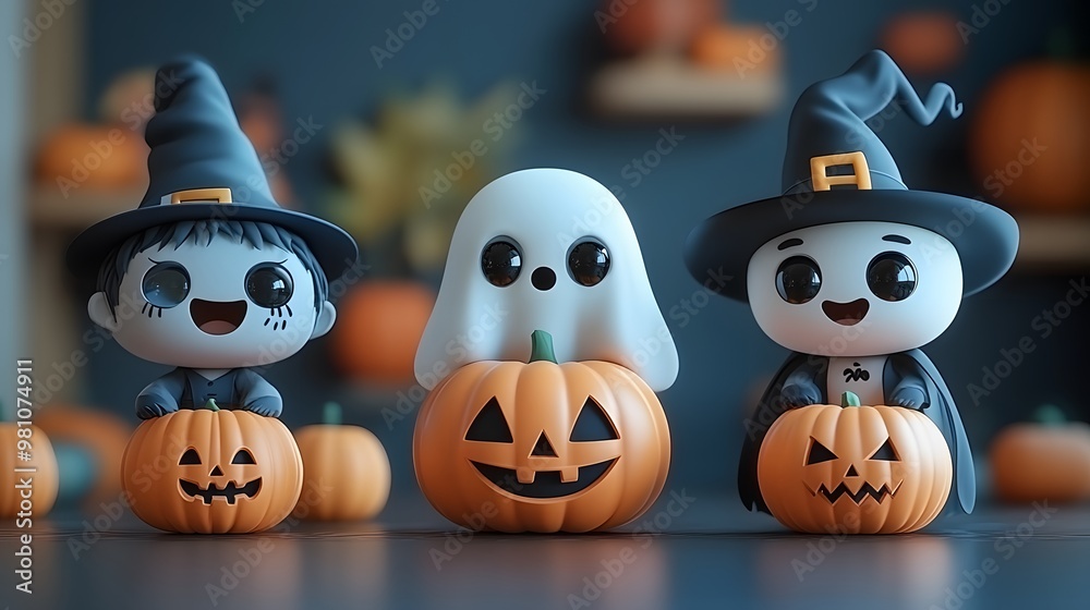 Adorable Halloween 3D characters including a friendly ghost, a cute zombie in costume, a smiling vampire, and a spooky pumpkin, in a fun cartoon style. Adorable Halloween 3D characters including a friendly ghost, a cute zombie in costume, a smiling vampire, and a spooky pumpkin, in a fun cartoon style.