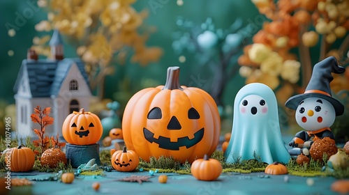 A playful Halloween scene with 3D emoji monsters including a spooky pumpkin, a funny ghost, a cute zombie costume, and a cheerful vampire character.