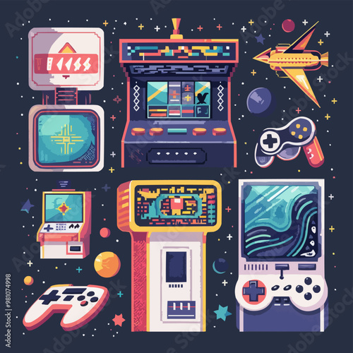 Retro arcade game elements with pixel art and bright colors, gaming nostalgia, vector illustration for t-shirt, flat style.