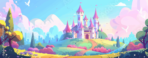Fantasy kingdom. Majestic castles, mythical creatures, brave knights, and enchanted landscapes, creating a magical fantasy world, vector illustration,