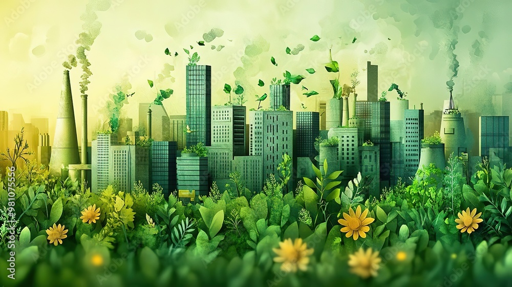 Obraz premium A vibrant cityscape entwined with lush greenery, symbolizing the harmony between urban life and nature's beauty.