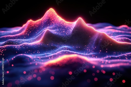 abstract digital landscape neon waveforms creating mountainlike shapes vibrant colors against deep black background retrofuturistic aesthetic photo