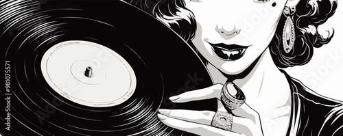 A woman is holding a record player and a record. The woman is wearing a ring and has a tattoo on her lip. Scene is nostalgic and romantic