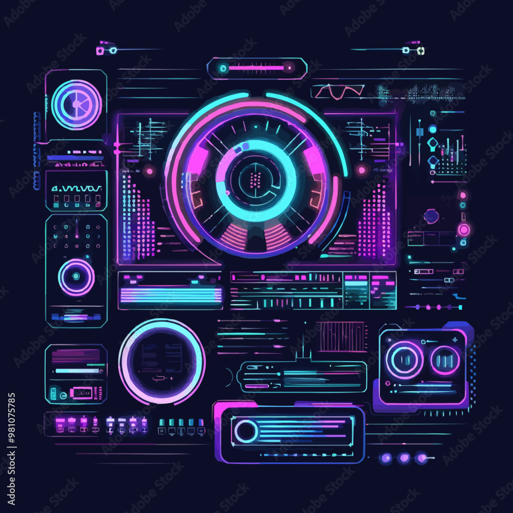 Futuristic holographic interface with glowing elements, high-tech aesthetics, vector illustration for t-shirt, flat style. Futuristic holographic interface with glowing elements, high-tech aesthetics, vector illustration for t-shirt, flat style.