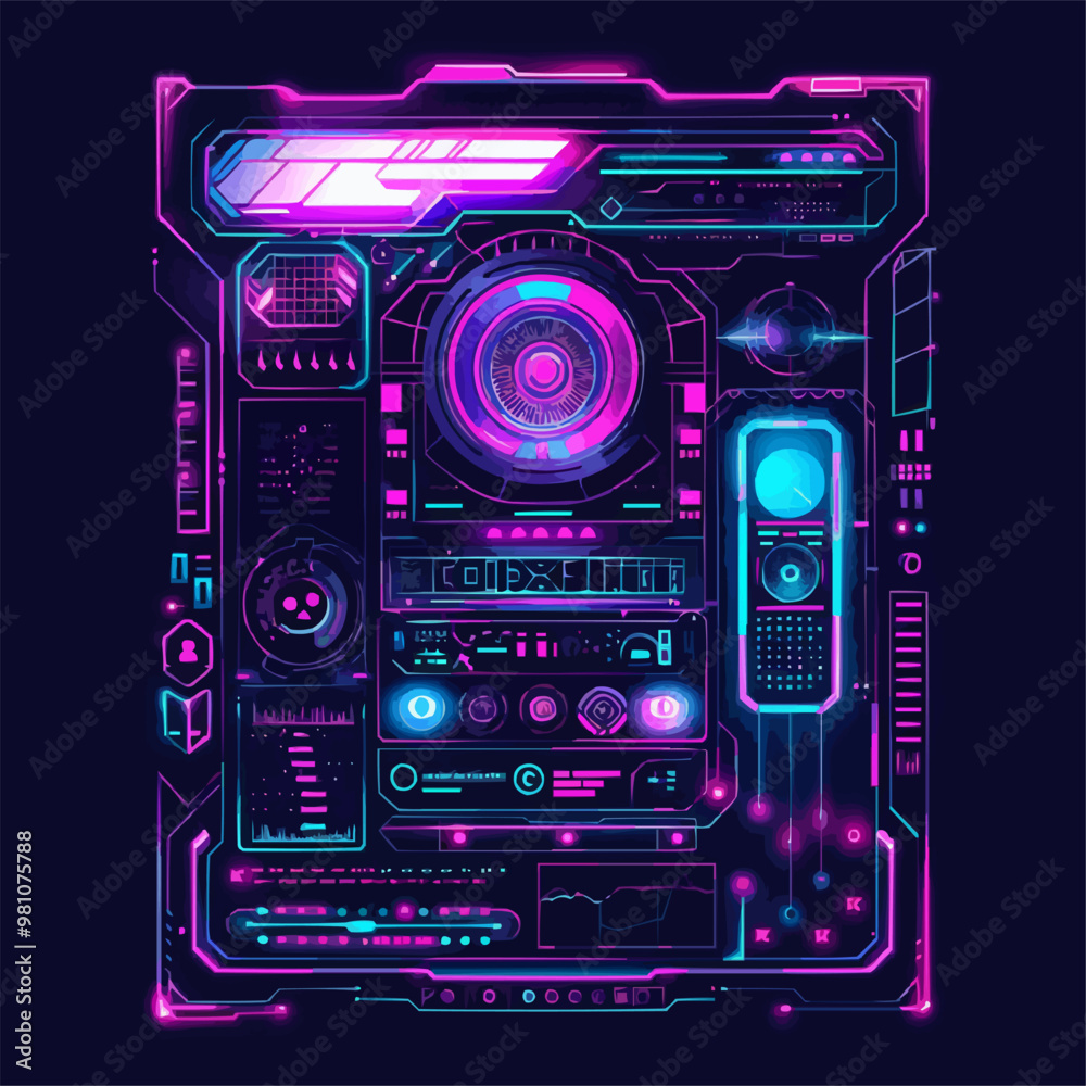 Fototapeta premium Futuristic holographic interface with glowing elements, high-tech aesthetics, vector illustration for t-shirt, flat style.