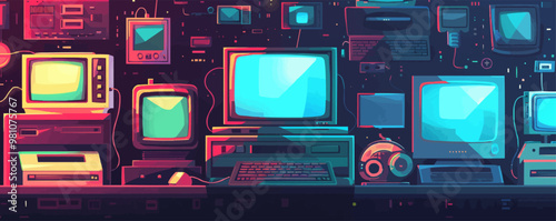 Retro tech, old-school computers, floppy disks, and gadgets, vintage electronics, neon style, vector illustration, flat style.