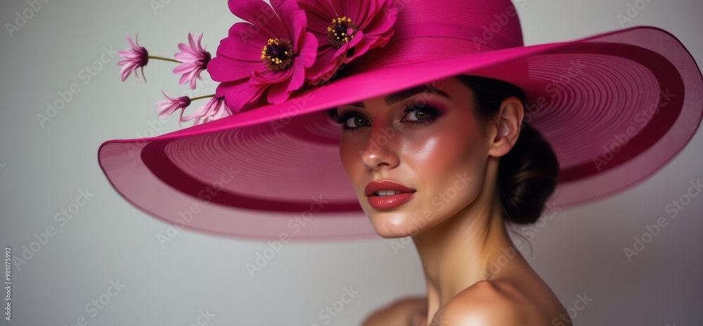 A stunning portrait of a woman wearing an elegant pink hat adorned with flowers, capturing a blend of beauty and fashion perfect for editorial and promotional use. A stunning portrait of a woman wearing an elegant pink hat adorned with flowers, capturing a blend of beauty and fashion perfect for editorial and promotional use.