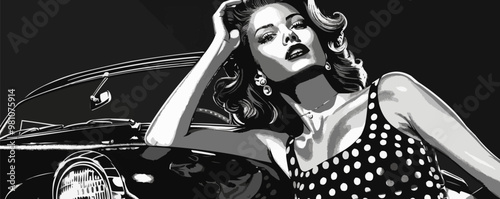 Glamorous pin-up model in a polka dot dress, leaning against a classic car, vector illustration, pin-up style, scratch board imitation, black and white image.
