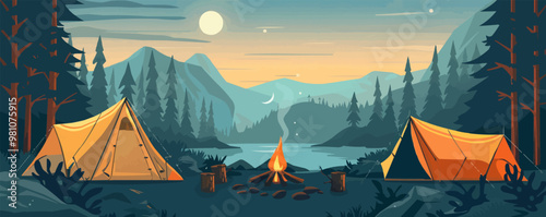 Rustic camping scene with vintage tents, a campfire, and outdoor gear, flat, vector illustration, vintage hand drawn.