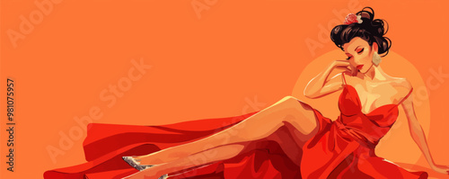 Glamorous pin-up fashion model in a stunning dress, posing for a photoshoot, flat, vector illustration, pin-up style.