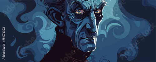Gothic portrait with dark tones and intricate details, flat portrait, vector illustration.