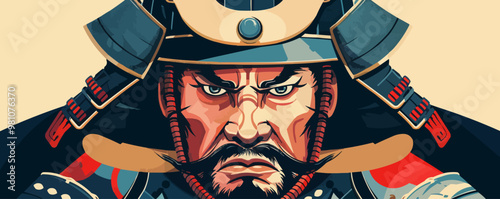 Samurai warrior portrait with traditional armor and fierce expressions, flat portrait, vector illustration.