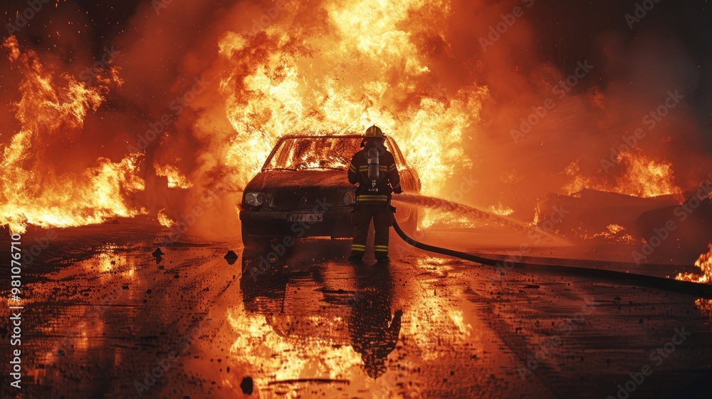 Battling an Intense Vehicle Fire. Flames Engulf a Rolled Car, Casting an Eerie Orange Glow. Water Jets From a Hose, Piercing Through Smoke and Fire.