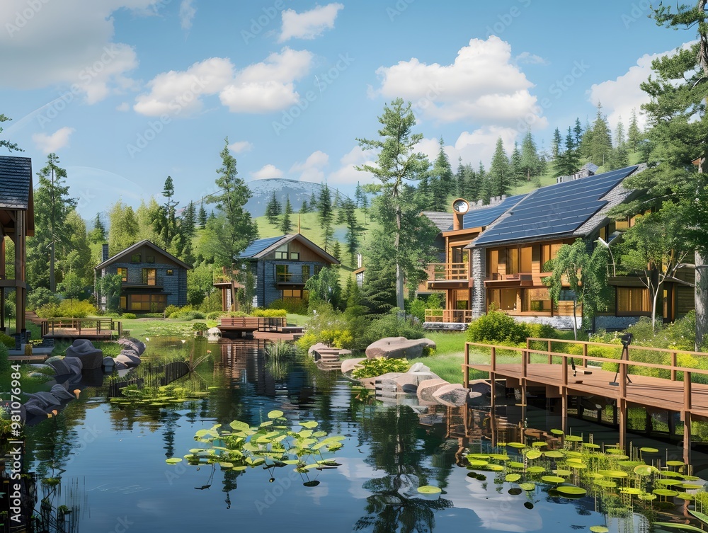 Illustration of A tranquil lakeside community with solar-powered homes, organic gardens, and local shops promoting eco-friendly products, with a community board showcasing carbon credit achievements. Illustration of A tranquil lakeside community with solar-powered homes, organic gardens, and local shops promoting eco-friendly products, with a community board showcasing carbon credit achievements.