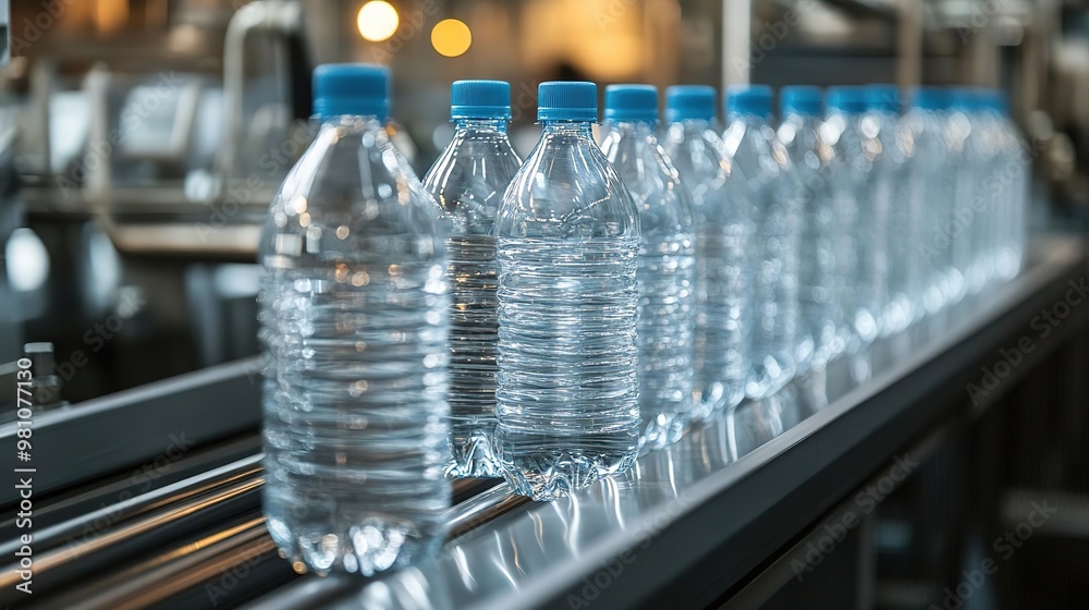 A row of water bottles on a production line ready for distribution, highlighting the process of bottled water manufacturing. A row of water bottles on a production line ready for distribution, highlighting the process of bottled water manufacturing.