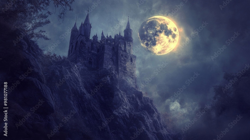 A Majestic Castle Perched on a Cliff Under a Full Moon A Majestic Castle Perched on a Cliff Under a Full Moon