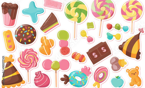 Sweet candy stickers set with colorful lollipops, gummy bears, and chocolates, perfect for decorating treat bags and party favors, flat stickers set, vector illustration
