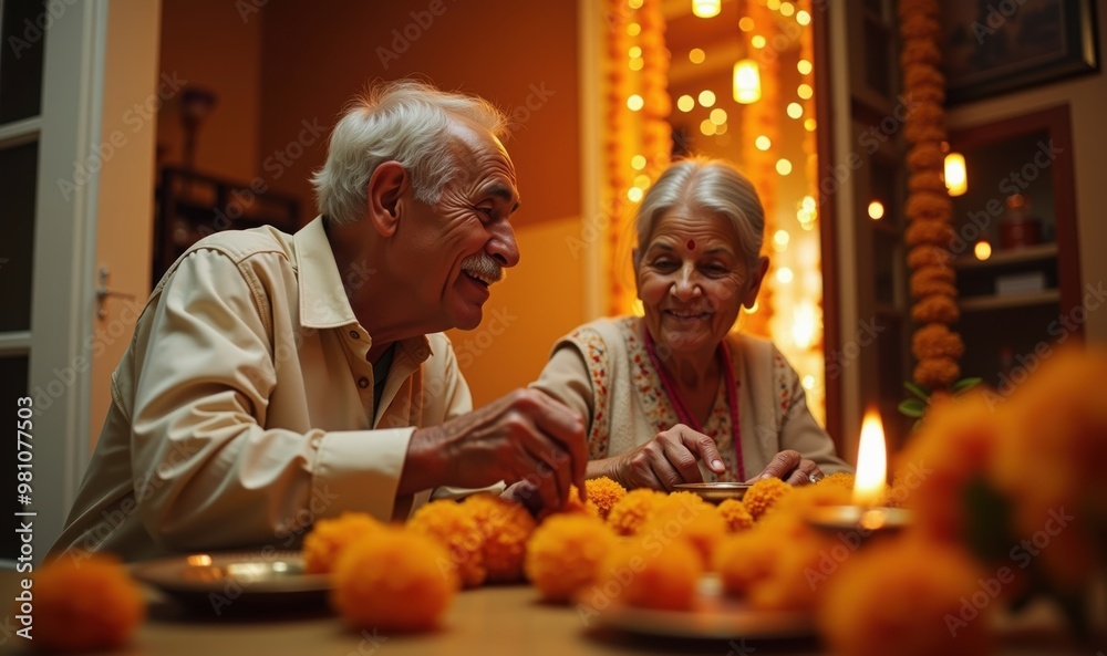 A heartwarming scene of an elderly couple enjoying a meal together, surrounded by vibrant marigold flowers and warm lights, symbolizing love, tradition, and celebration. A heartwarming scene of an elderly couple enjoying a meal together, surrounded by vibrant marigold flowers and warm lights, symbolizing love, tradition, and celebration.