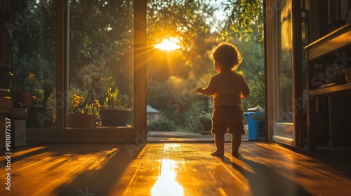 Panoramic medium shot of a toddler exploring their surroundings their curiosity and sense of adventure accentuated by the dramatic lighting photo