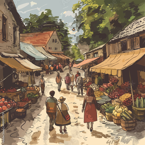 Wallpaper Mural Illustrate a charming village market with stalls, people, and local goods, ideal for community and cultural projects, hand-drawn vector art. Torontodigital.ca
