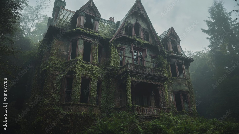Overgrown Abandoned Victorian Mansion in Foggy Forest Overgrown Abandoned Victorian Mansion in Foggy Forest