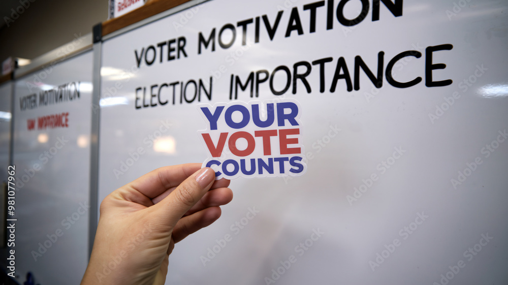 Naklejka premium Your vote counts is powerful message held in hand, emphasizing voter motivation and election importance. This image captures essence of civic engagement and participation