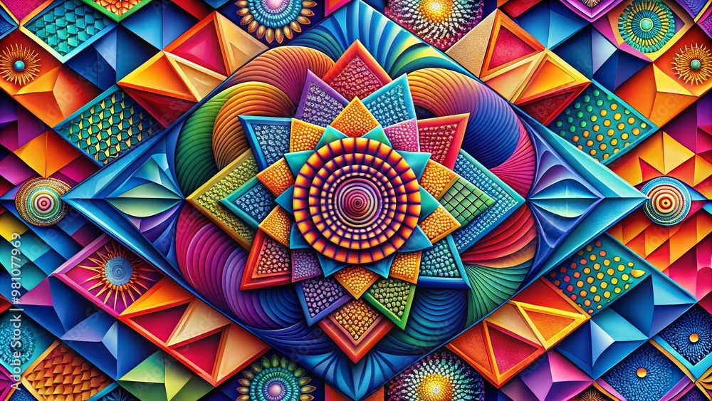 Vibrant geometric shapes and swirling patterns dance across a bold, colorful background, showcasing intricate digital