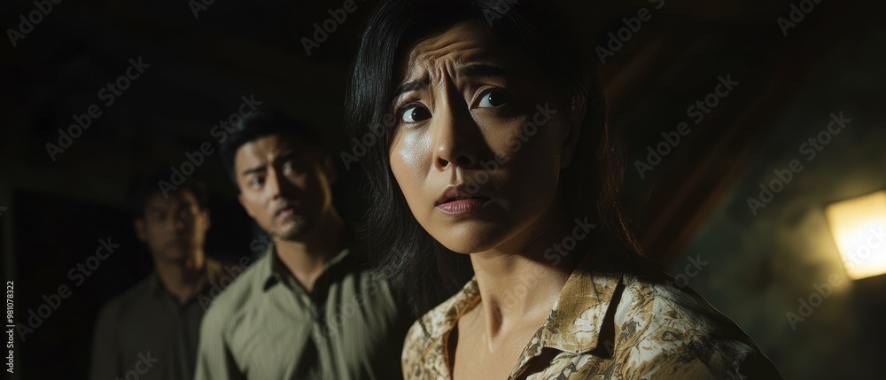 Dramatic high-contrast lighting emphasizes the pained expressions of an Asian family as they confront a difficult decision, their bodies tense with emotion Dramatic high-contrast lighting emphasizes the pained expressions of an Asian family as they confront a difficult decision, their bodies tense with emotion