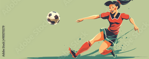 Fun pin-up soccer player in a vintage uniform, kicking a ball with a smile, flat, vector illustration, pin-up style.