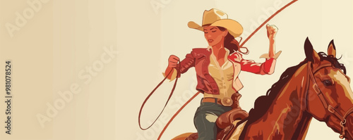 Fun pin-up cowgirl on horseback, holding the reins, flat, vector illustration, pin-up style.