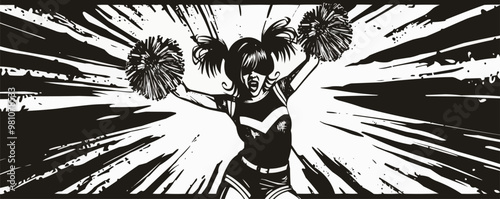 Fun pin-up cheerleader with pom-poms, jumping in the air, vector illustration, pin-up style, scratch board imitation, black and white image.