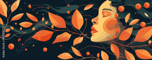 A woman's face is surrounded by leaves and flowers. The leaves are orange and green, and the flowers are red