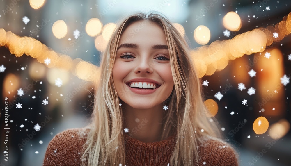 Beautiful Woman with a Bright Smile Enjoys Winter Magic with Falling Snow and Holiday Lights