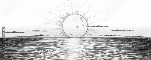 A black and white drawing of a sun and moon on a body of water. The sun is in the center of the image and the moon is on the right side. The water is calm and the sky is cloudy