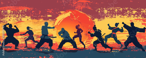 Martial arts, karate, judo, and taekwondo practitioners in action, combat silhouettes, black silhouette, vector illustration, flat style.