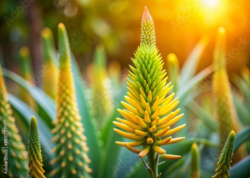 Vibrant green aloe vera plant with a single blooming yellow flower stem, set against a blurred natural outdoor photo