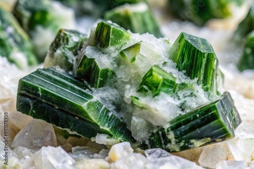 Vibrant green actinolite crystals embedded in a white marble matrix, showcasing its radiant, fibrous structure and photo