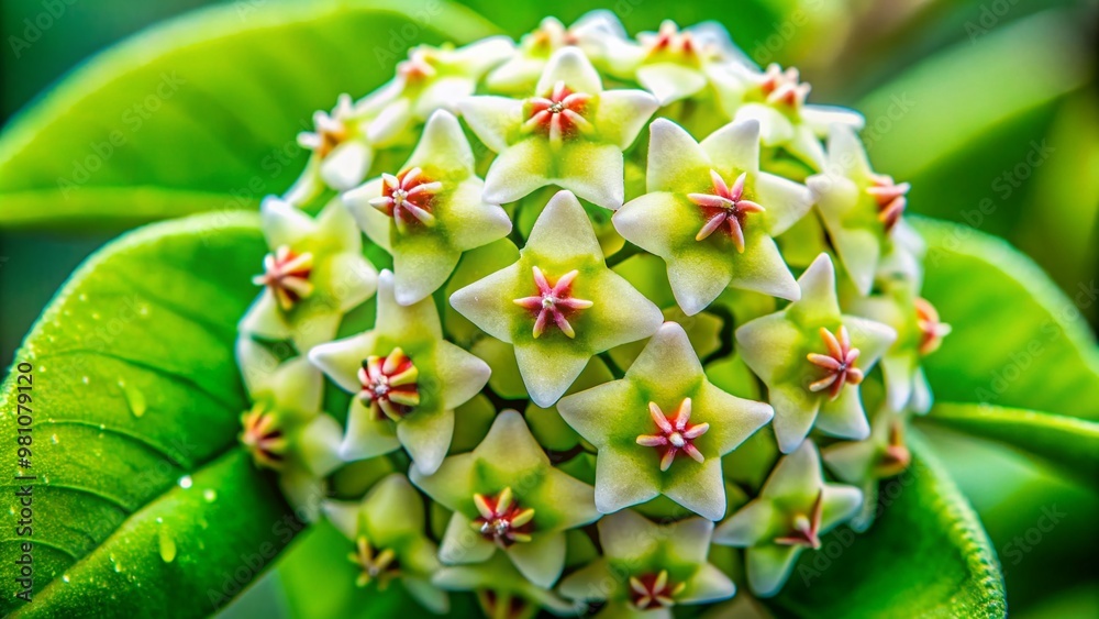 Vibrant green and white Hoya flower petals unfold, showcasing intricate details and textures in a stunning close-up