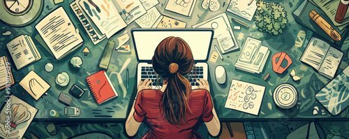 A woman is sitting at a desk with a laptop and a stack of papers. The desk is cluttered with various items, including a clock, a cup, a book, and a cell phone. The woman is working on a project