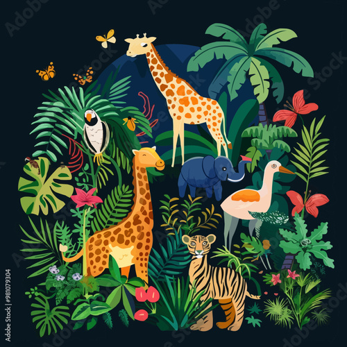 A colorful drawing of animals in a jungle. The animals include a giraffe, a tiger, a bird, a monkey, and a butterfly. The jungle is lush and green, with many plants and trees